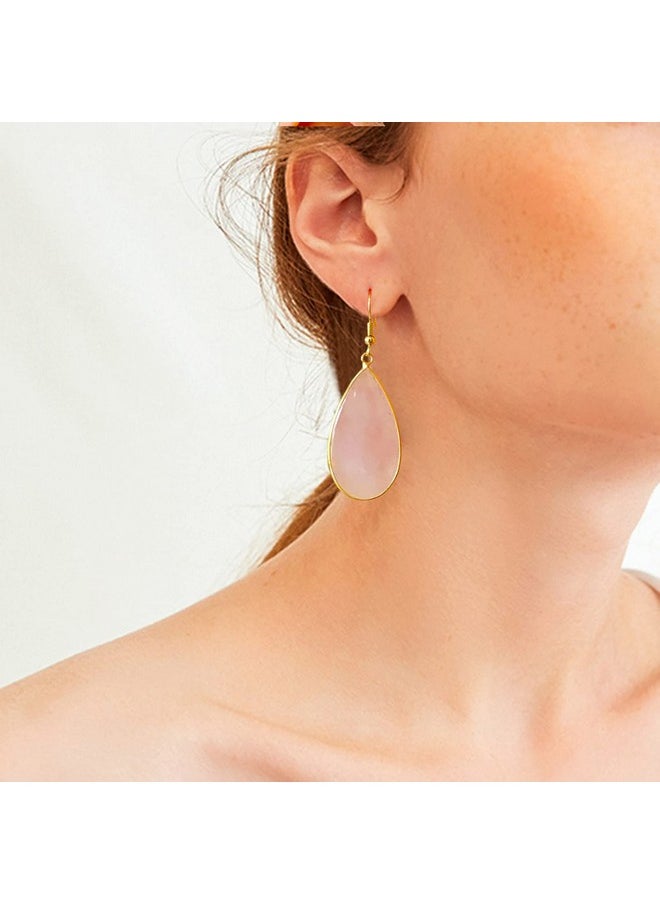 BaubleStar - Natural Crystal Healing Birth Stone Statement Drop Earrings Pink Teardrop Quartz Dangle Gold Fashion Jewelry For Women - Image 1