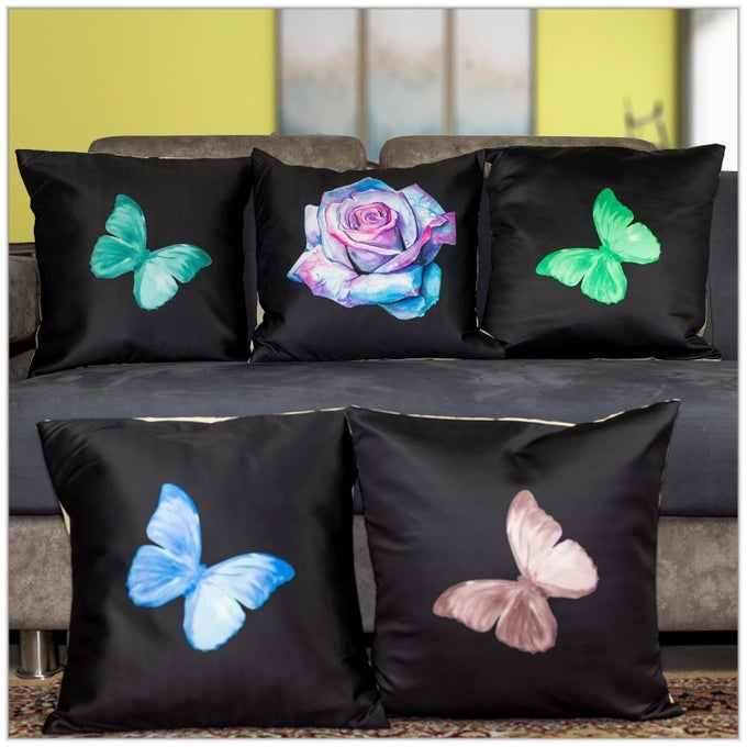 BUTTERFLY FLORAL SATIN 250TC CUSHION PILLOW COVERS BLACK AND MULTICOLOR SET OF 5 16X16 INCHES BUTTERFLIES