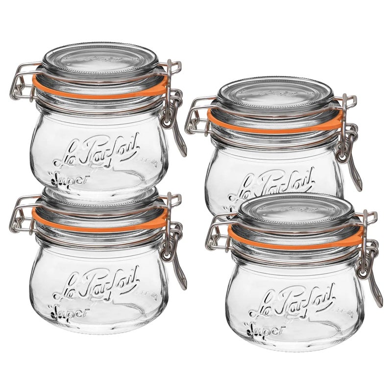 Le Parfait Super Jar, Canning Jars, 1L French Glass Canning Jar w/Round Body, Glass Jars With Airtight Lid, Canning Jars Wide Mouth, Glass Jar With Lid, Clear Jars, Clear Glass Jars (32oz/Quart, 4 pk) - Image 1