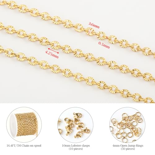 KYUNHOO 16.4 Feet Gold Chain for Jewelry Making Embossed Circle Chains on Spool Gold Plated Stainless Steel Chain Necklace with Lobster Clasps and Jump Rings for DIY Bracelet Earring - Image 2