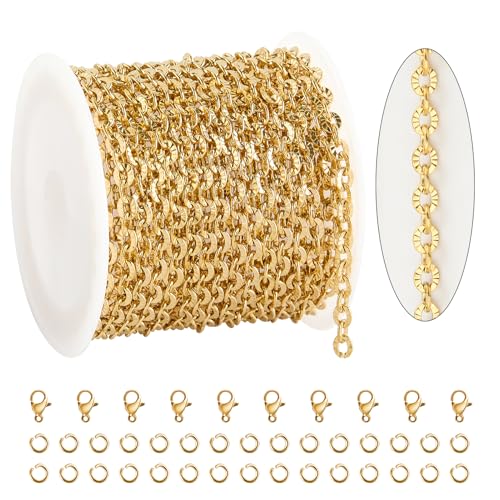 KYUNHOO 16.4 Feet Gold Chain for Jewelry Making Embossed Circle Chains on Spool Gold Plated Stainless Steel Chain Necklace with Lobster Clasps and Jump Rings for DIY Bracelet Earring - Image 1