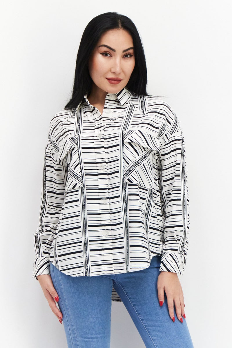VERO MODA Women Spread Collar Long Sleeves Striped Top, White Combo - Image 1