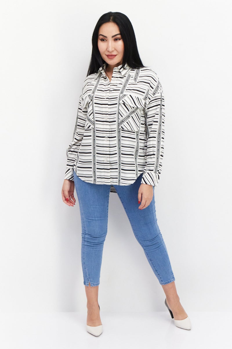 VERO MODA Women Spread Collar Long Sleeves Striped Top, White Combo - Image 3