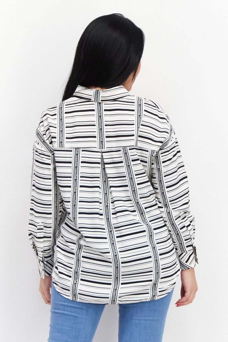 VERO MODA Women Spread Collar Long Sleeves Striped Top, White Combo - Image 2