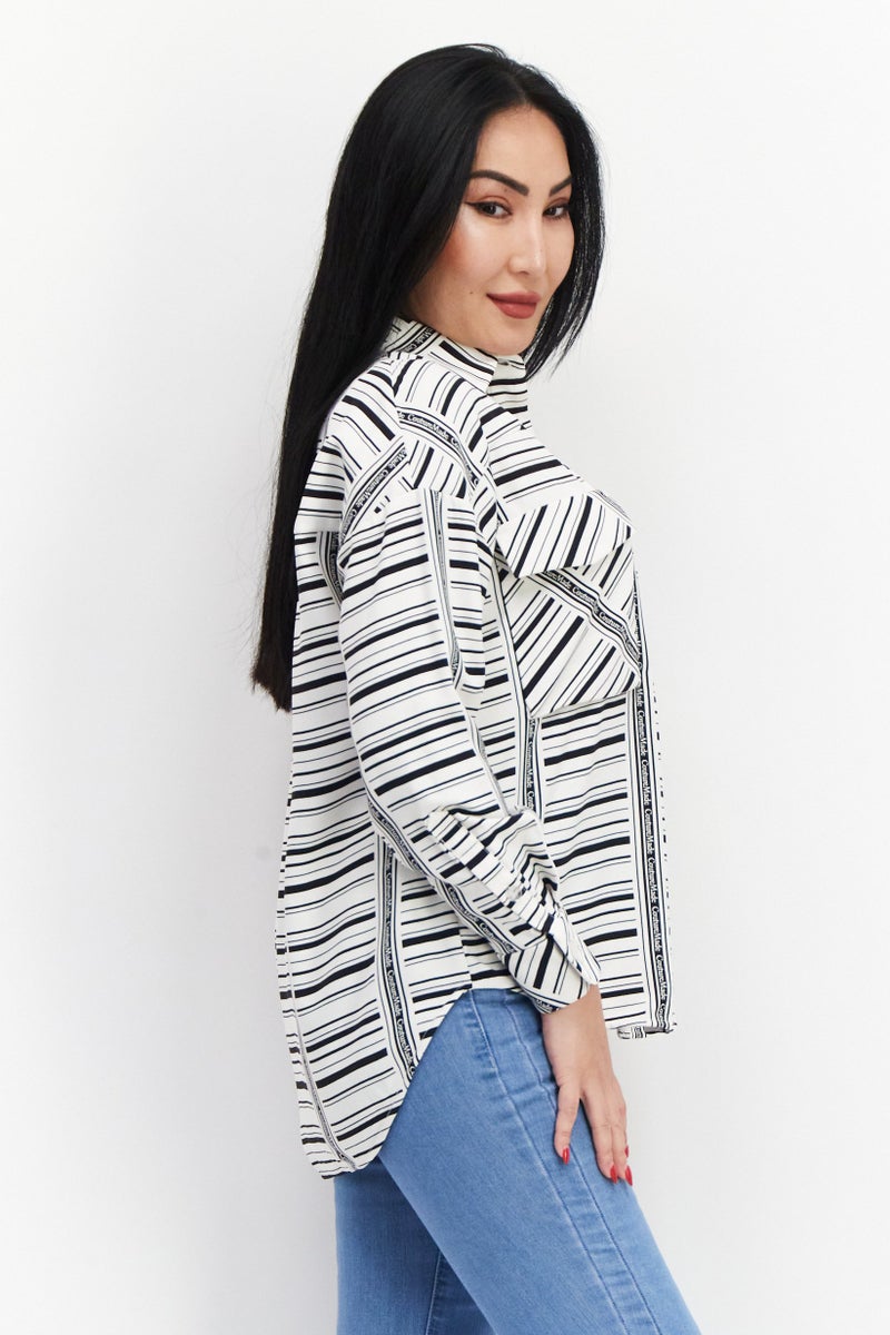 VERO MODA Women Spread Collar Long Sleeves Striped Top, White Combo - Image 4