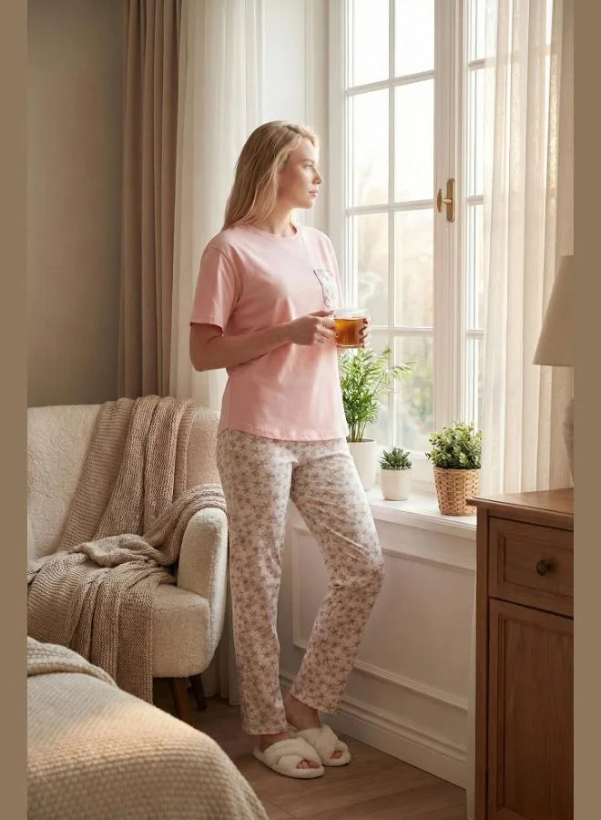 ليلا Lela Cotton Regular Fit Crew Neck Pajama Set with Pocket Details Women's Pajama Set 6091325