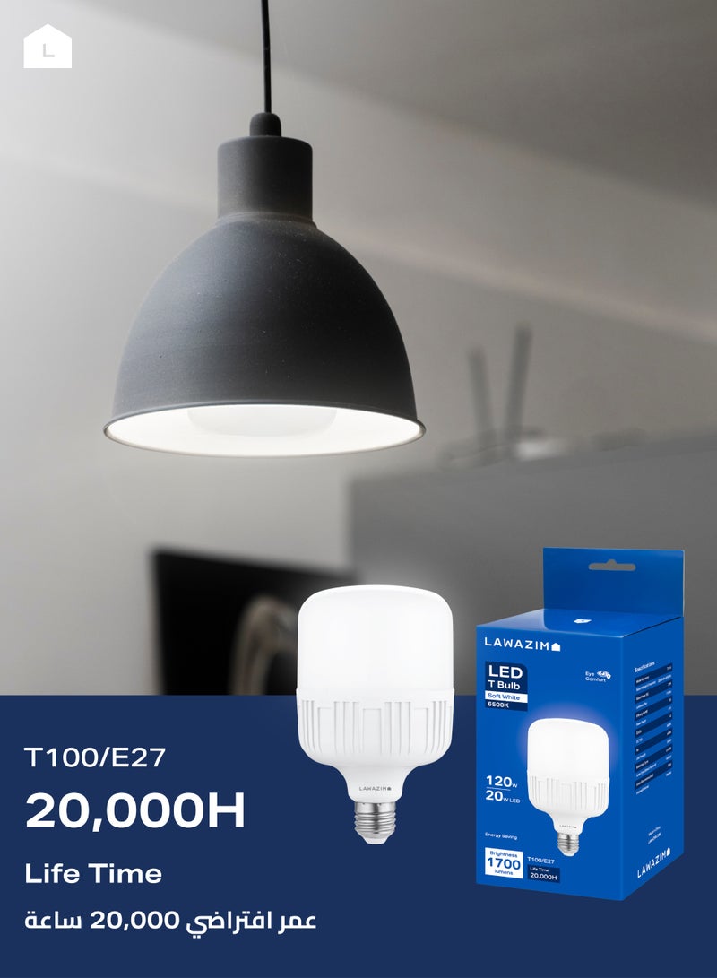 LAWAZIM 20W LED Bulb T100 E27 - 6 Pack 6500K Daylight - Jumbo Non-Dimmable Energy Saving 120W Equivalent T-Shape Bulb with 1700 Lumens and a Lifespan of 20,000 Hours - for Home and Commercial Use - Image 4