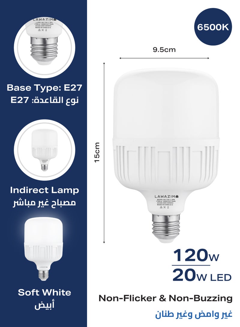 LAWAZIM 20W LED Bulb T100 E27 - 6 Pack 6500K Daylight - Jumbo Non-Dimmable Energy Saving 120W Equivalent T-Shape Bulb with 1700 Lumens and a Lifespan of 20,000 Hours - for Home and Commercial Use - Image 2