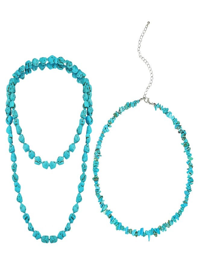 Glenmal 2 Pcs Turquoise Beaded Necklace for Women Turquoise Jewelry 47'' 14'' Long Endless Necklaces Multi Strand Layer Choker Knotted Stone Boho Western Homemade Jewelry - Image 1
