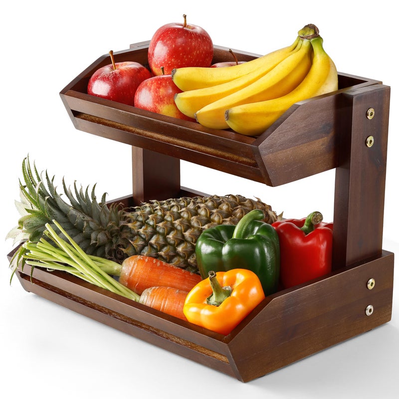 HOLANA Acacia 2 Tier Fruit Basket for Kitchen Counter Organizer Wooden Fruit Bowl Wooden Basket for Kitchen Counter Storage Vegetable Produce Storage Snack Organizer for Countertop Walnut - Image 2