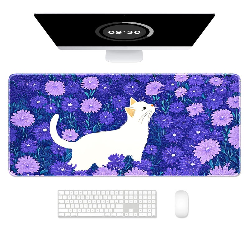 Auhoahsil Large Gaming Mouse Pad Cute Cat XXL 354 x 157 in Desk Pad Stitched NonSlip Rubber Long Computer Mousepad Thin Extended Full Size Desk Mat for Desktop Laptop Wireless Mice Purple - Image 2