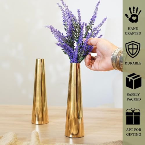 BEHOMA Golden Metal Slim Cone Flower Vase for Home & Office Décor | Table Decorative Flower Pot for Living Room, Dining Table | Gift for Birthday & Anniversary | Set of 2 (8") (Flower Not Included) - Image 3
