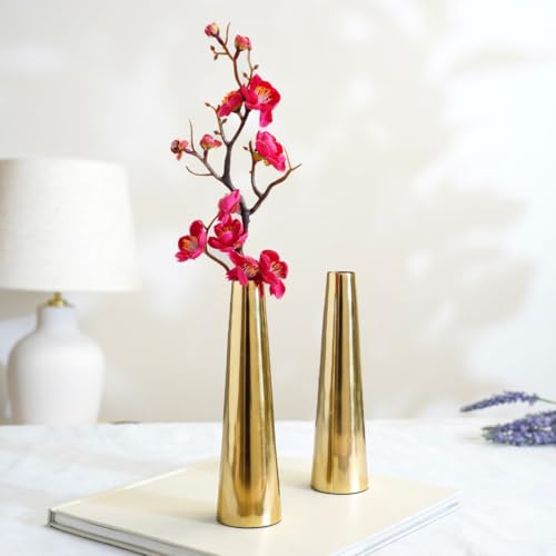 BEHOMA Golden Metal Slim Cone Flower Vase for Home & Office Décor | Table Decorative Flower Pot for Living Room, Dining Table | Gift for Birthday & Anniversary | Set of 2 (8") (Flower Not Included) - Image 5
