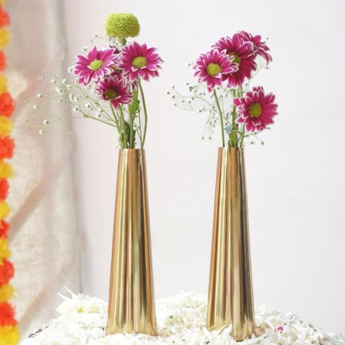 BEHOMA Golden Metal Slim Cone Flower Vase for Home & Office Décor | Table Decorative Flower Pot for Living Room, Dining Table | Gift for Birthday & Anniversary | Set of 2 (8") (Flower Not Included) - Image 1