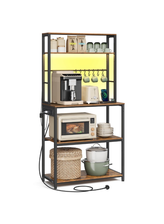 VASAGLE Kitchen Storage Rack with Power Outlet, Coffee Bar, Baker's Rack, with Metal Wire Panel, 14 Hooks, for Microwave, Steel Frame, 40 x 80 x 170 cm, Rustic Brown and Matte Black - Image 1