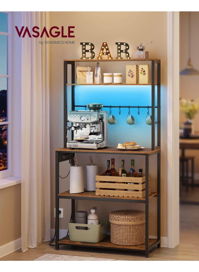 VASAGLE Kitchen Storage Rack with Power Outlet, Coffee Bar, Baker's Rack, with Metal Wire Panel, 14 Hooks, for Microwave, Steel Frame, 40 x 80 x 170 cm, Rustic Brown and Matte Black - Image 2