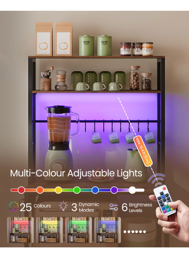 VASAGLE Kitchen Storage Rack with Power Outlet, Coffee Bar, Baker's Rack, with Metal Wire Panel, 14 Hooks, for Microwave, Steel Frame, 40 x 80 x 170 cm, Rustic Brown and Matte Black - Image 3