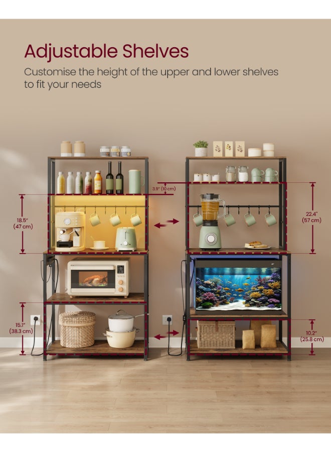 VASAGLE Kitchen Storage Rack with Power Outlet, Coffee Bar, Baker's Rack, with Metal Wire Panel, 14 Hooks, for Microwave, Steel Frame, 40 x 80 x 170 cm, Rustic Brown and Matte Black - Image 5