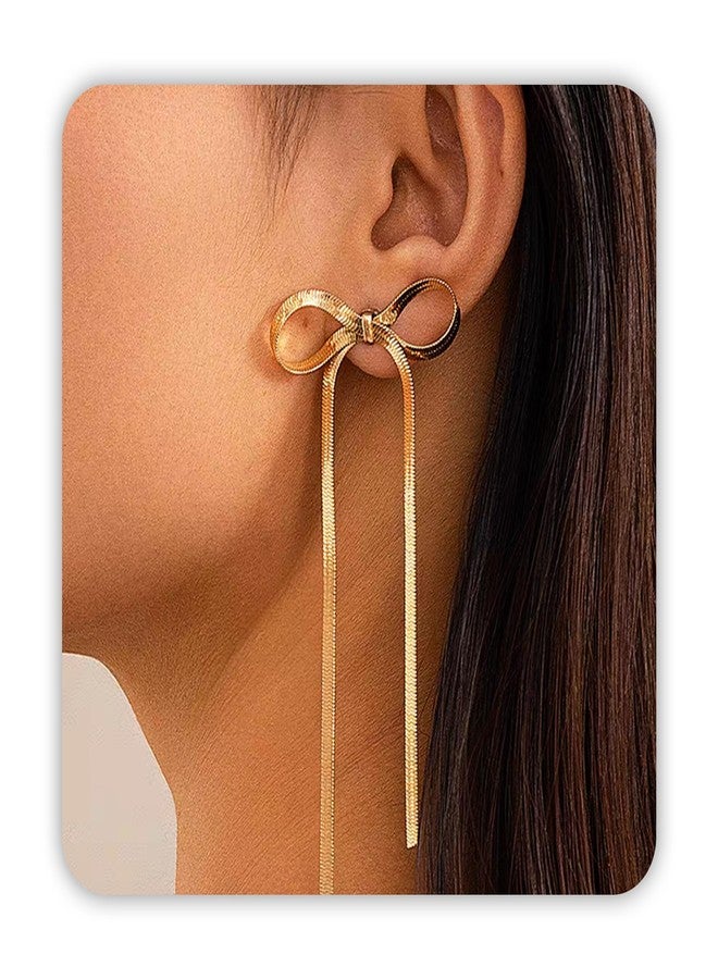 DAYANEY Bow Earrings for Women, Gold/Silver Drop Dangle Tassel Rhinestone Ribbon Stud Earrings as Wedding Earrings for Brides, Bow Jewelry as Wedding Prom Jewelry Statement Earrings for Women, Medium - Image 1