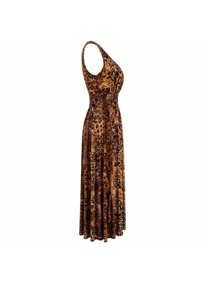 Women's Leopard Print Sleeveless V-Neck Smocked Waist Maxi Dress - Image 3