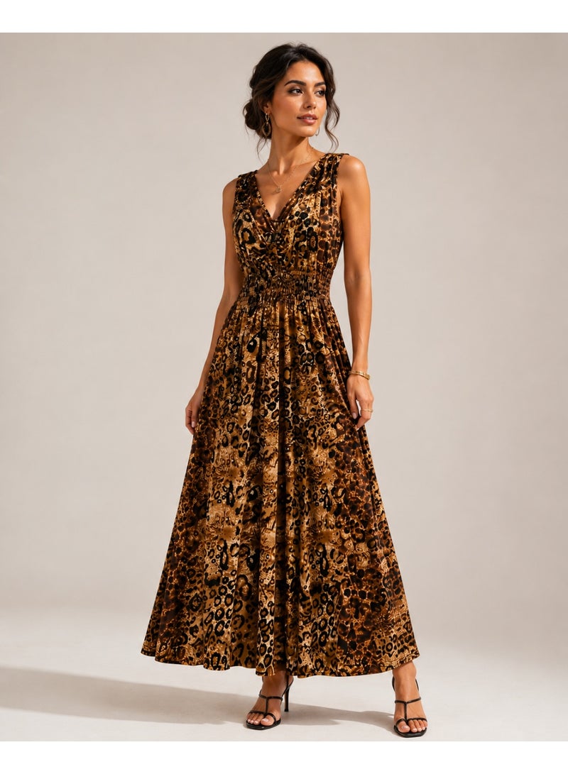 Women's Leopard Print Sleeveless V-Neck Smocked Waist Maxi Dress - Image 4