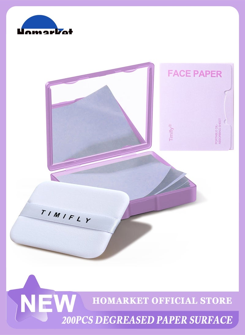 Timifly Oil Blotting Sheets for Face, 200 Counts Lavendar Blotting Paper For Oily Skin with Portable Mirror Case & Makeup Puff, Oil Absorbing Sheets For Face - Image 1