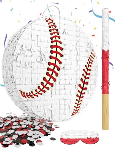LAKINGO Baseball Piata for Boys Includes Wooden Bat Blindfold and Confetti 13x13x3 Perfect for SportsThemed Party Decorations and Birthday Party Fun - Image 1