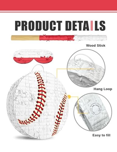 LAKINGO Baseball Piata for Boys Includes Wooden Bat Blindfold and Confetti 13x13x3 Perfect for SportsThemed Party Decorations and Birthday Party Fun - Image 5