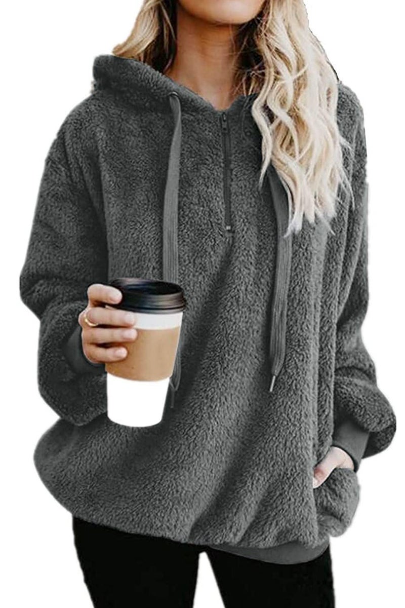 Yanekop Womens Fuzzy Fleece Pullover Oversized Sherpa Jacket Half Zip Pullover Sweaters Winter Faux Fur Jacket Coat(B Dark Gray,XL) - Image 1