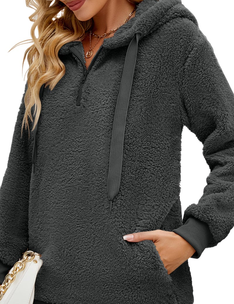 Yanekop Womens Fuzzy Fleece Pullover Oversized Sherpa Jacket Half Zip Pullover Sweaters Winter Faux Fur Jacket Coat(B Dark Gray,XL) - Image 3