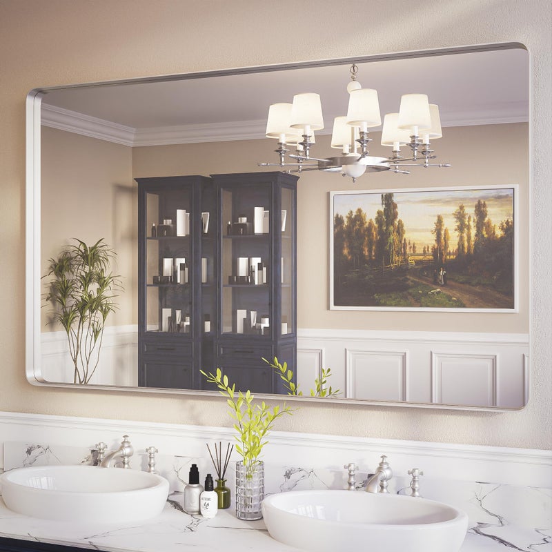 ISKM Large Mirror for Bathroom 60 x 36 Inch Rectangle Silver Metal Framed Wall Mirrors for Vanity Modern Wall Mounted Decor HorizontalVertical