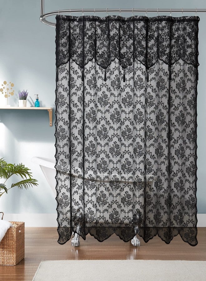 LinenZone 72" x 84" Extra Long Shower Curtain with Attached Valance. Lace Fabric Shower Curtain is Great for Country or Rustic Decor. (Mia Shower 72 x 84 Black) - Image 1