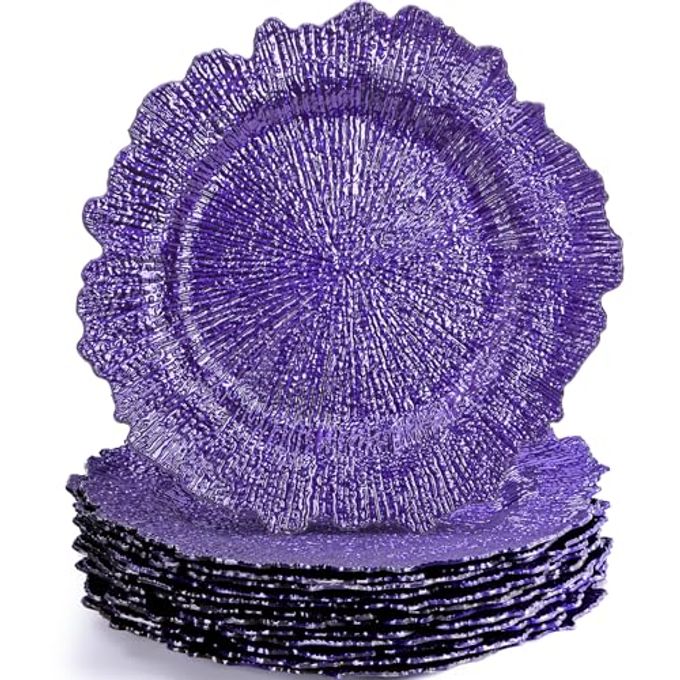 WUWEOT 12 Pack Purple Charger Plates, 12.7" Plastic Reef Dinner Under Plate, Round Charger Service Base Plate Bulk with Ruffled Rim for Party, Wedding, Catering Event, Tabletop Decor