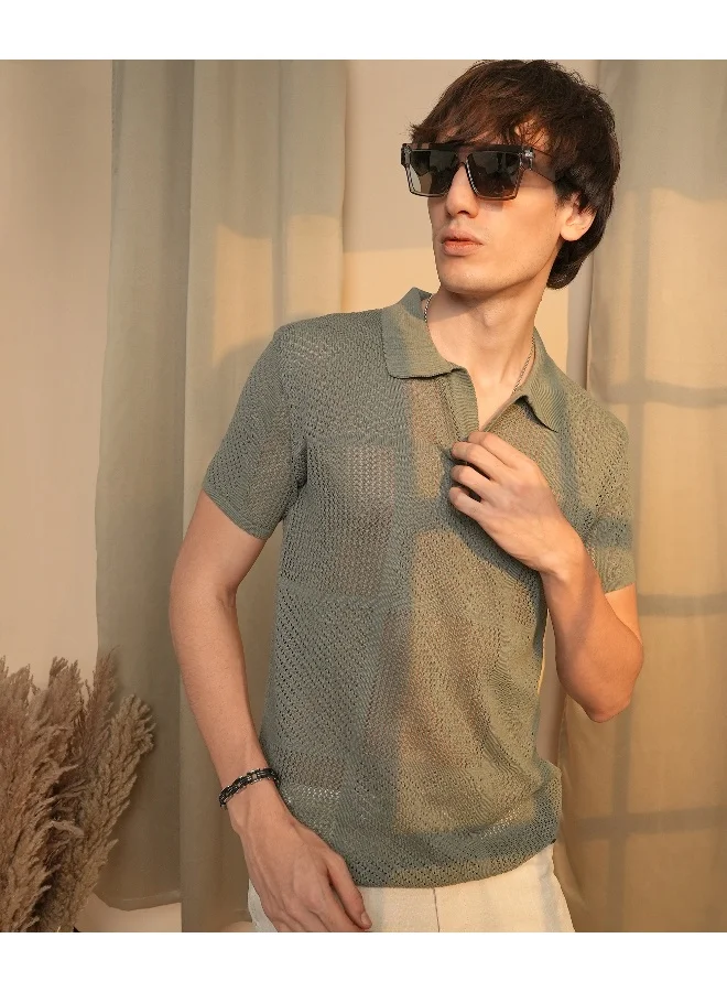 CAHOOT  Men's Olive Green Graph-Textured Polo T-Shirt for Men | Best Price UAE