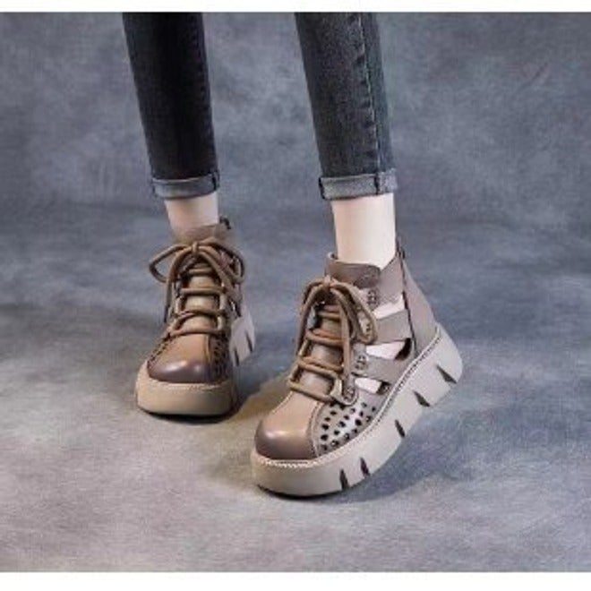 Mo Ren Xiang Women's Hollow-Out Platform Martin Boots - Retro High-Top Ankle Boots with Chunky Heel - Image 1