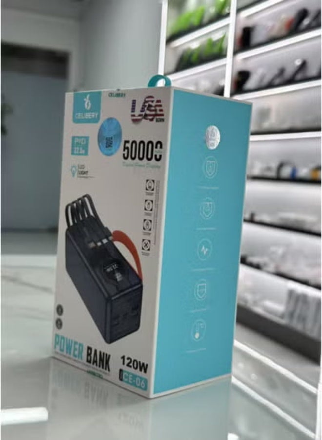 سيليبري باور بانك CE-06 ثنائي المنافذ بسعة 50000 مللي أمبير/ساعة مع إضاءة LED وشحن سريع بتقنية PD بقوة 22.5 واط - مخرج 120 واط، كابلات مدمجة، أسود - Image 2