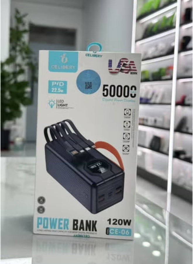 سيليبري باور بانك CE-06 ثنائي المنافذ بسعة 50000 مللي أمبير/ساعة مع إضاءة LED وشحن سريع بتقنية PD بقوة 22.5 واط - مخرج 120 واط، كابلات مدمجة، أسود - Image 3