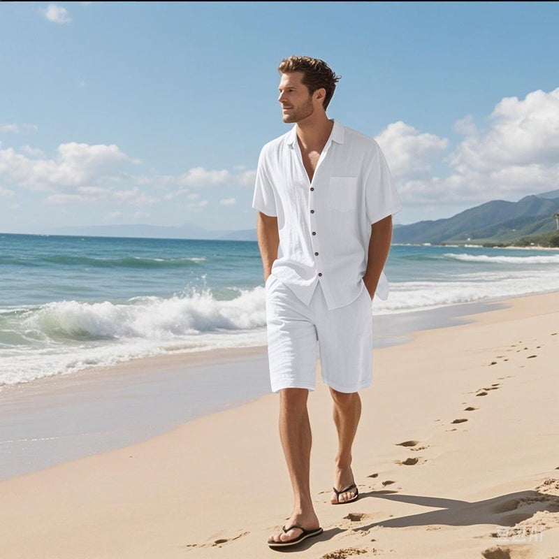 Men's Summer Linen Short Sleeve Shirt and Shorts Set Beach Casual Outfit - Image 1