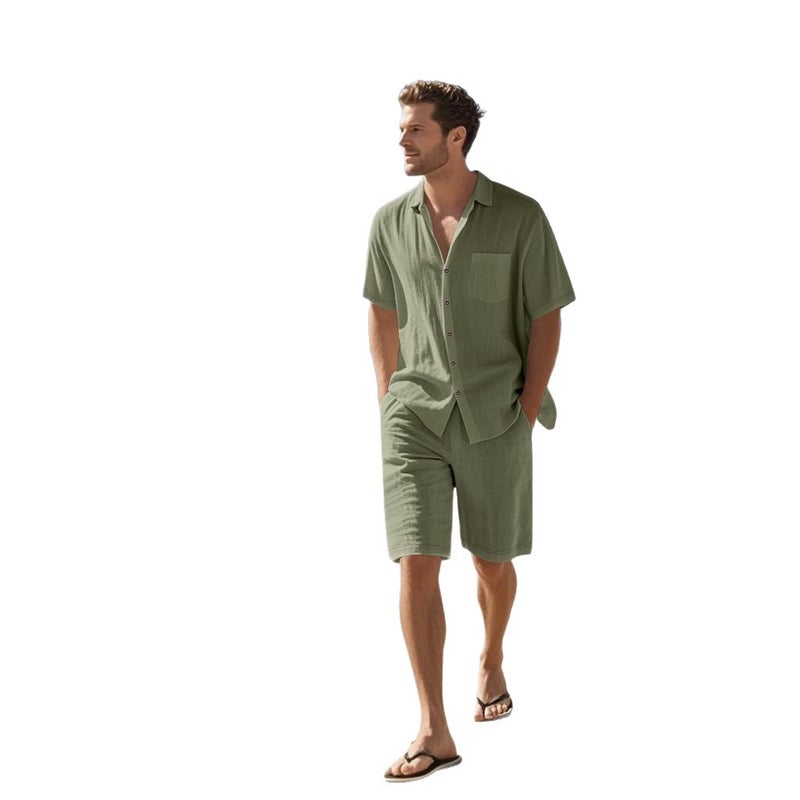 Men's Summer Linen Short Sleeve Shirt and Shorts Set Beach Casual Outfit - Image 5
