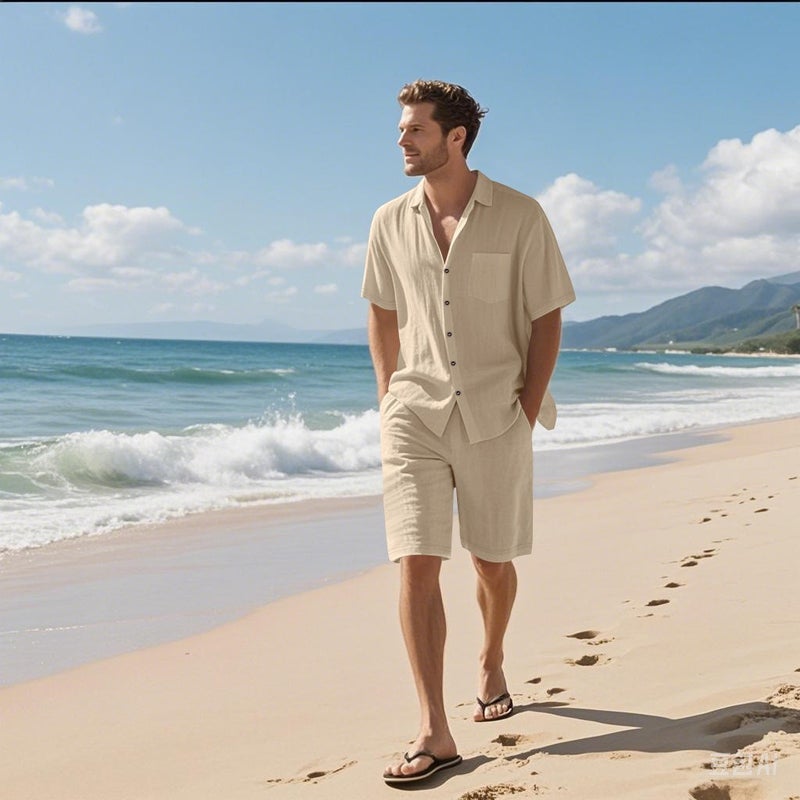 Men's Summer Linen Short Sleeve Shirt and Shorts Set Beach Casual Outfit - Image 2