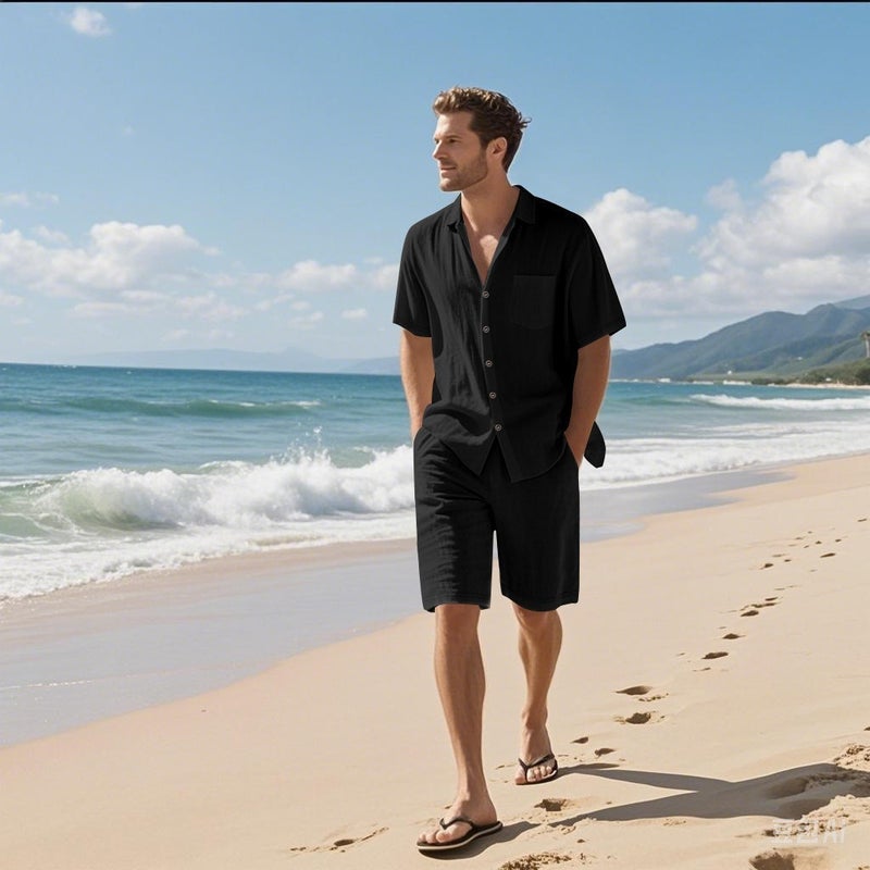 Men's Summer Linen Short Sleeve Shirt and Shorts Set Beach Casual Outfit - Image 4