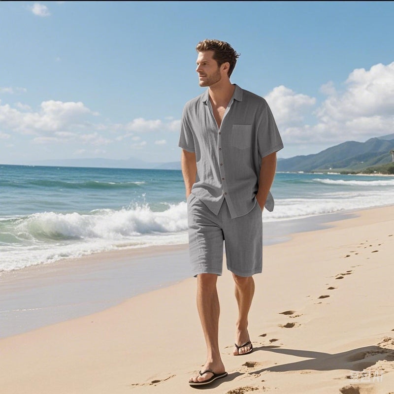 Men's Summer Linen Short Sleeve Shirt and Shorts Set Beach Casual Outfit - Image 3