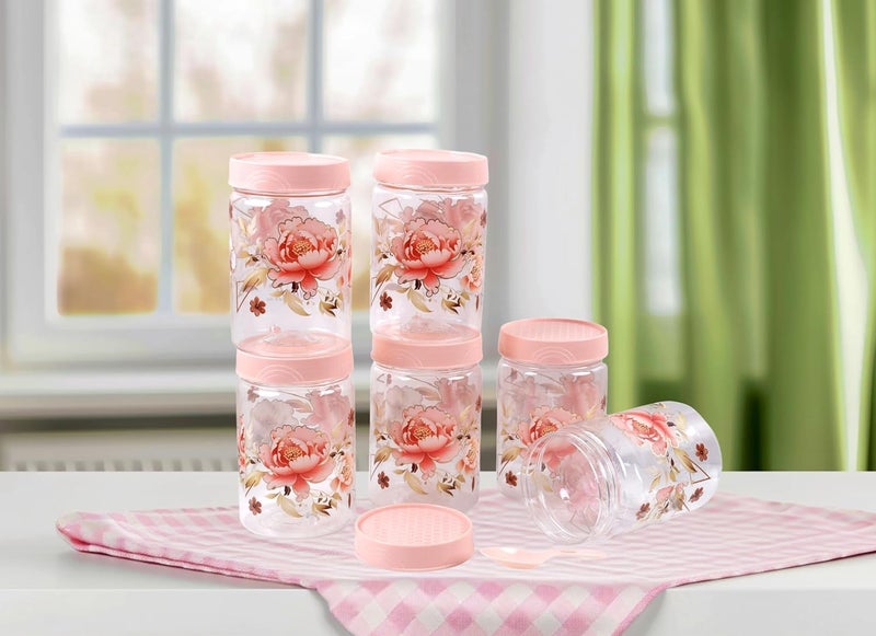 VRISTO Flower Design Printed Airtight container boxes for storage Kitchen Containers and Jar Set Spice Container and Grocery Jar Set of 6 500 ml Pink 8 CM X 8 CM X 12 CM - Image 1