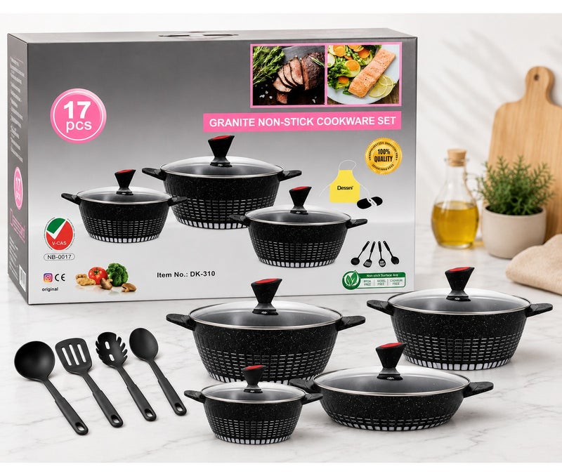 BELL BUYE Dess ini 17Piece Granite Non-Stick Cookware Set with Glass Lids and Kitchen Utensils – Gray - Image 1