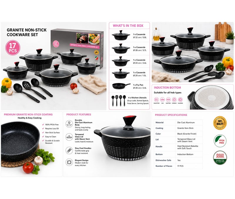 BELL BUYE Dess ini 17Piece Granite Non-Stick Cookware Set with Glass Lids and Kitchen Utensils – Gray - Image 2