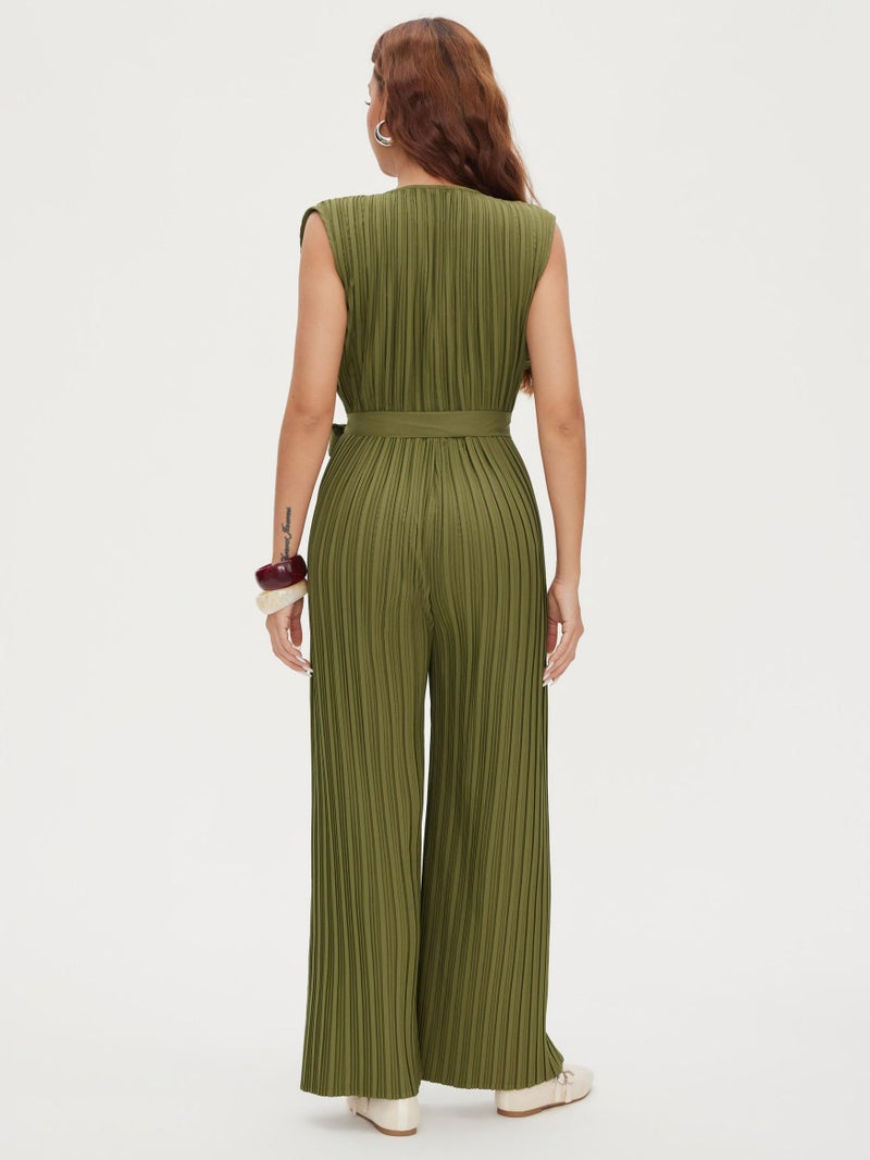 CIDER Womens Sleeveless Jumpsuit Pleated V Neck Ruched Tie Waist Wide Leg Jumpsuit Summer Casual One Piece Outfits - Image 4