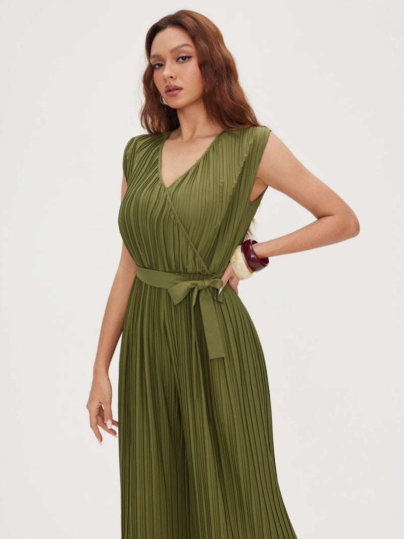 CIDER Womens Sleeveless Jumpsuit Pleated V Neck Ruched Tie Waist Wide Leg Jumpsuit Summer Casual One Piece Outfits - Image 3