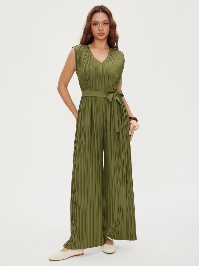 CIDER Womens Sleeveless Jumpsuit Pleated V Neck Ruched Tie Waist Wide Leg Jumpsuit Summer Casual One Piece Outfits - Image 2