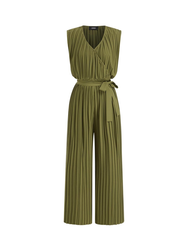 CIDER Womens Sleeveless Jumpsuit Pleated V Neck Ruched Tie Waist Wide Leg Jumpsuit Summer Casual One Piece Outfits - Image 1