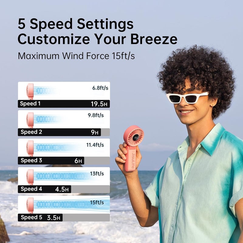 JISULIFE Gizlife Handheld Fan Life 7 - Powerful 5000mAh Battery, 19.5-Hour Runtime, 5 Speeds, LED Display - Image 3